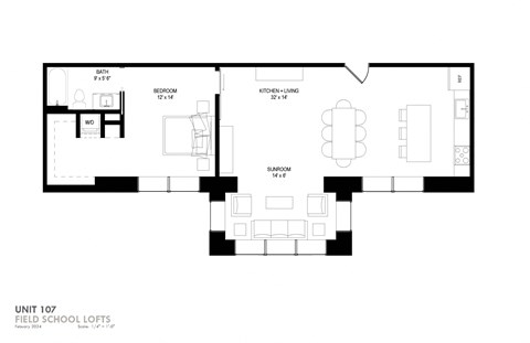 Floor plan for 1 bed, 1 bath